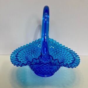 Fenton Vintage Colonial Blue Glass Basket with Handle Hobnail